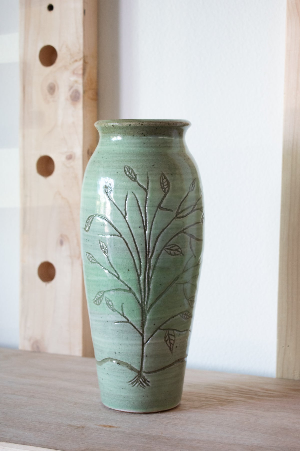 Botanical Carved Vase – Celadon No. 68 – 11″