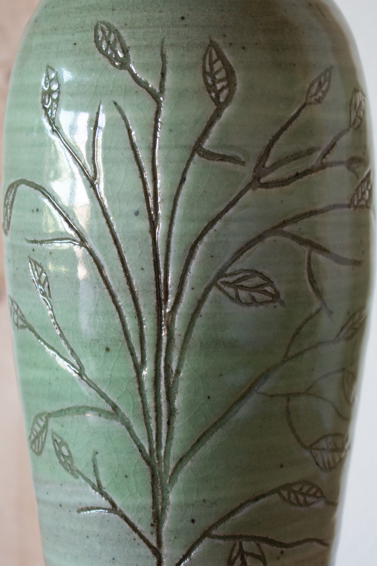 Botanical Carved Vase – Celadon No. 68 – 11″