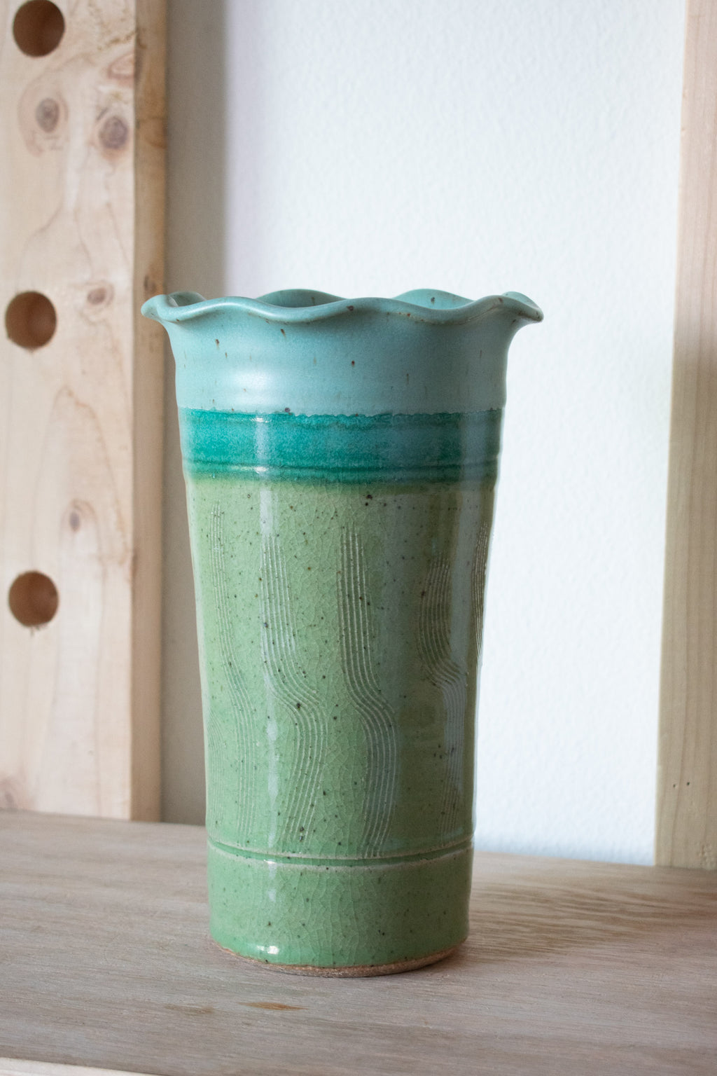 Ruffled Vase – Celadon & Olive No. 77 – 9″