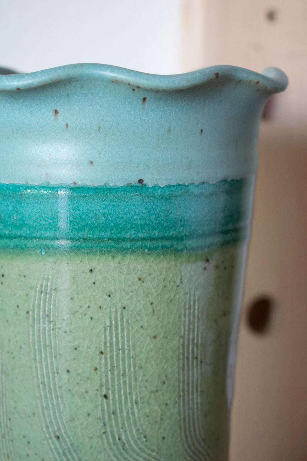 Ruffled Vase – Celadon & Olive No. 77 – 9″