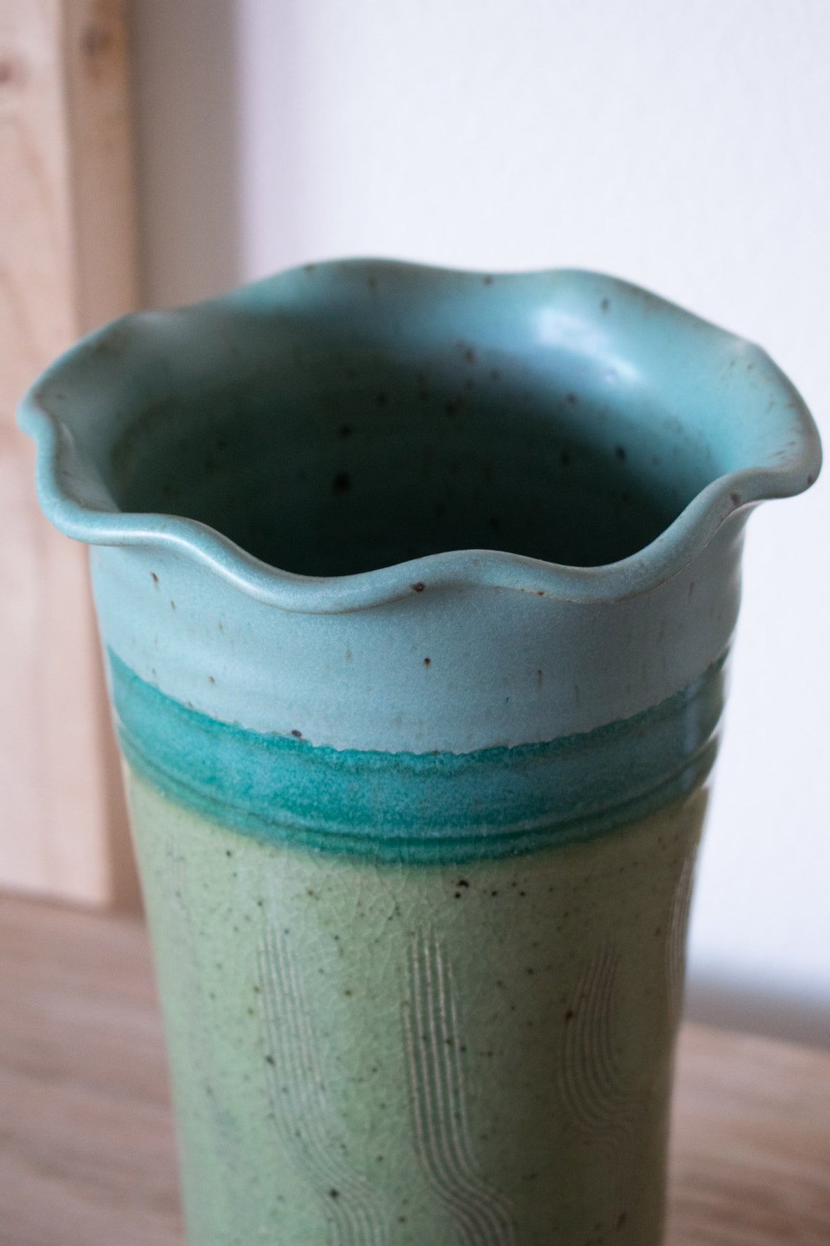 Ruffled Vase – Celadon & Olive No. 77 – 9″